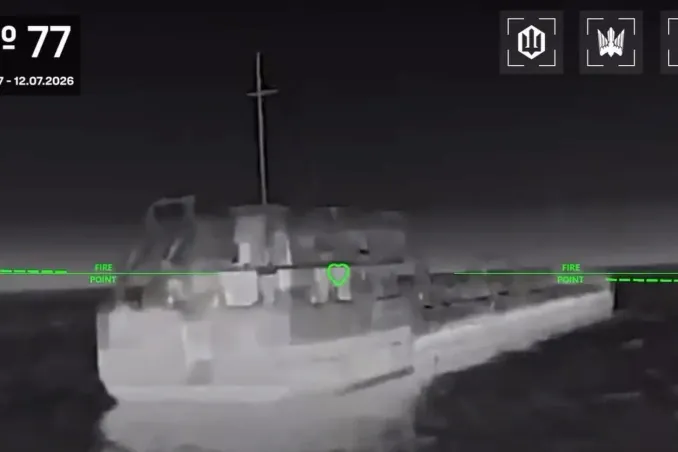 A Ukrainian drone targets a Russian vessel in the Sea of Azov during a nighttime operation in the week of July 6–12, 2026. (Source: Robert "Madyar" Brovdi / Unmanned Systems Forces)