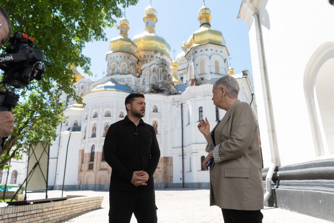 Ukrainian President Volodymyr Zelenskyy gives an interview in front of the damaged Kyiv-Pechersk Lavra, June 2026. Ukrainian President Volodymyr Zelenskyy gives an interview in front of the damaged Kyiv-Pechersk Lavra, June 2026.
