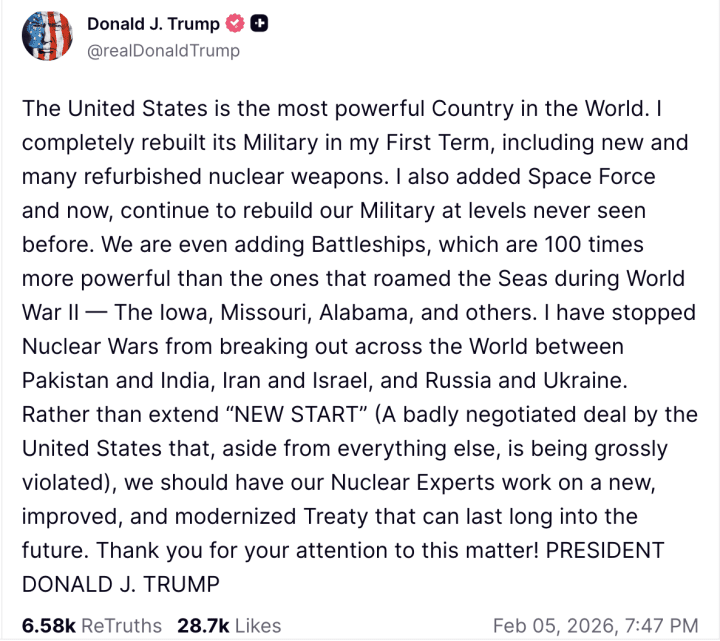 US President Donald Trump Truth Social post, February 5, 2026 (Source: Truth Social) US President Donald Trump Truth Social post, February 5, 2026 (Source: Truth Social)