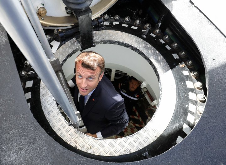 French President Emmanuel Macron gets out of the new French nuclear submarine "Suffren" in Cherbourg, north-western France on July 12, 2019, as part of its official launch ceremony. (Photo: ludovic MARIN via Getty) French President Emmanuel Macron gets out of the new French nuclear submarine "Suffren" in Cherbourg, north-western France on July 12, 2019, as part of its official launch ceremony. (Photo: ludovic MARIN via Getty)