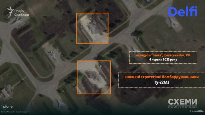 Two more Tu-22M3 bombers destroyed during the June 1 drone strike on Belaya airbase. (Source: Schemes / Radio Free Europe / Planet Labs) Two more Tu-22M3 bombers destroyed during the June 1 drone strike on Belaya airbase. (Source: Schemes / Radio Free Europe / Planet Labs)