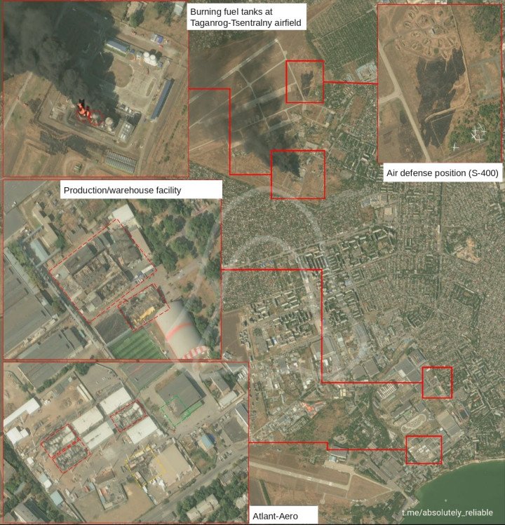 Satellite imagery shows damage in Taganrog following the September 12 Ukrainian drone attack, including burning fuel tanks at Taganrog-Tsentralny airfield, scorch marks near an S-400 position, and damaged production facilities linked to Atlant-Aero.