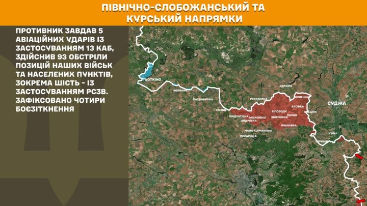 Mapa de la dirección Pivnichno-Slobozhanskyi y el sector fronterizo de Kursk al 7 de abril de 2026, donde las fuerzas rusas intensificaron la presión con 5 ataques aéreos con bombas guiadas, 93 bombardeos —incluidos sistemas MLRS— y 4 enfrentamientos directos en una zona clave de contención entre Ucrania y Rusia. (Foto :Estado Mayor de las Fuerzas Armadas de Ucrania) Mapa guerra Ucrania Rusia frente norte 2026 mapa militar Kursk frontera Ucrania Rusia ataques aéreos bombardeos MLRS combates mapa interactivo línea del frente zonas rojas presión rusa Sudzha operaciones militares norte Ucrania guerra en tiempo real mapa actualizado abril 2026 ofensiva rusa sin avances