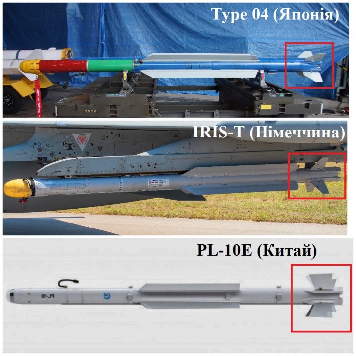 Comparación visual de los misiles aire-aire Tipo 04 de Japón, el IRIS-T de Alemania y el PL-10E de China. (Fuente: Militarnyi)
