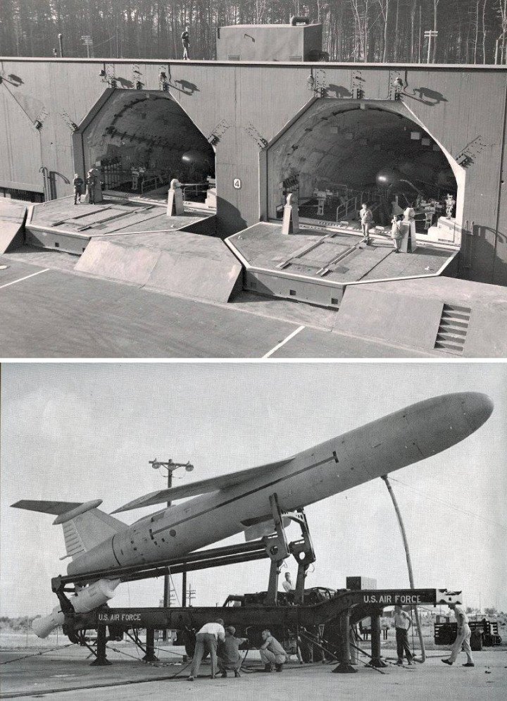 US Air Force MGM-13 Mace cruise missiles—stored in hardened shelters (top) and prepared for launch on a mobile launcher (bottom), late 1950s–1960s. (Photo: Open source)