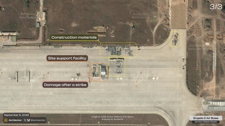 Satellite imagery highlighting construction materials, support facilities, and reported strike damage at Russia’s Engels-2 air base on September 5, 2026. (Source: Airbus Defence and Space/AviVector) Satellite imagery highlighting construction materials, support facilities, and reported strike damage at Russia’s Engels-2 air base on September 5, 2026. (Source: Airbus Defence and Space/AviVector)