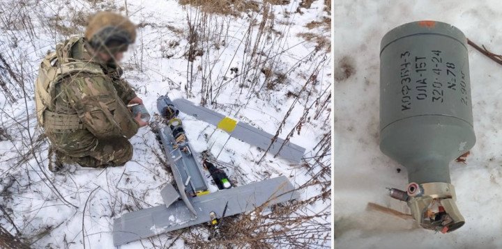 Ukrainian soldier examines downed Russian loitering munition equipped with a KOFBCh-3 warhead, designed for autonomous targeting at distances up to 80 km. (Source: Defense Express) Ukrainian soldier examines downed Russian loitering munition equipped with a KOFBCh-3 warhead, designed for autonomous targeting at distances up to 80 km. (Source: Defense Express)
