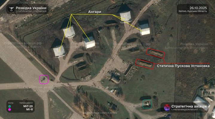 Fortified hangars and an air defense unit positioned at the Khalino airbase in Russia’s Kursk region on October 26, 2025. (Source: “Strategic Aviation” project)