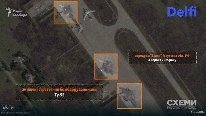 Satellite imagery shows three destroyed Tu-95 bombers at Belaya airbase in Irkutsk region. (Source: Schemes / Radio Free Europe / Planet Labs) Satellite imagery shows three destroyed Tu-95 bombers at Belaya airbase in Irkutsk region. (Source: Schemes / Radio Free Europe / Planet Labs)