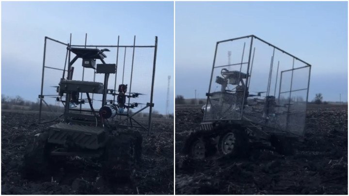 Ukrainian ground drone “Gnom-ND” equipped with FPV drones. (Source: Temerland)