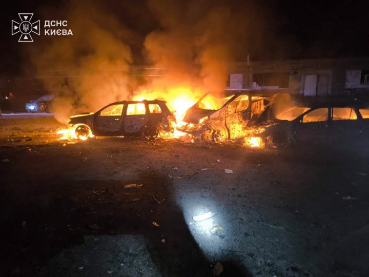 Vehicles burn after Russia’s overnight missile and drone attack on Kyiv, July 26, 2026. (Source: State Emergency Service of Ukraine) Vehicles burn after Russia's overnight missile and drone attack on Kyiv, July 26, 2026. (Source: State Emergency Service of Ukraine)