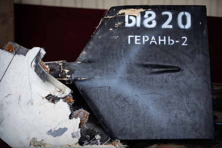 Russian-made Geran-2 loitering munition—Russia’s designation for the Iranian-designed Shahed-136—displayed at the Kyiv Scientific Research Institute of Forensic Expertise in Kyiv on February 15, 2024, where it is examined as evidence of Russian attacks on Ukraine. (Source: Getty Images)