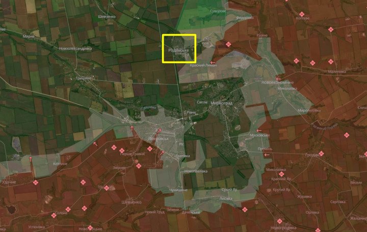 Map of the Pokrovsk Frontline Showing Ukrainian-Held Rodynske and Key Russian Advance Axes. (Source: DeepState)