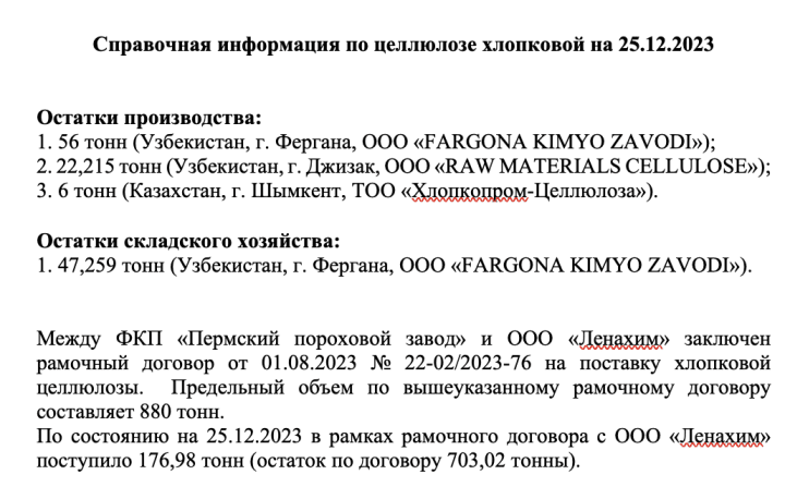 Letter detailing tons of products in the production chain. 