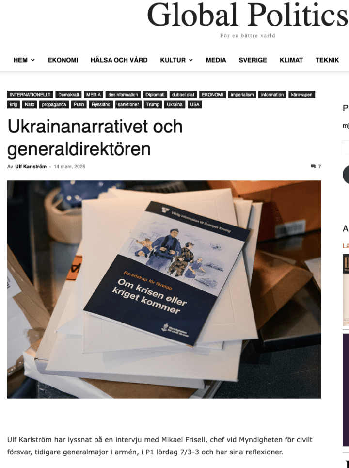 The text promotes pro-Russian narratives, claiming that Sweden’s NATO membership and military aid to Ukraine are draining the country’s resources, while portraying the West as responsible for the war in Ukraine through NATO expansion and interference in Ukrainian politics. (Source: Globalpolitics)
