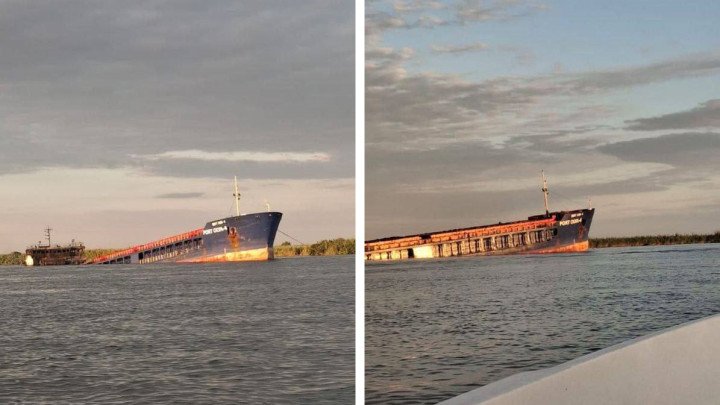 The Russian cargo vessel “Port Olya 4,” previously used to transport military cargo between Iran and Russia, seen partially submerged after being destroyed during a transfer operation in August 2025. (Source: Defense Express) The Russian cargo vessel “Port Olya 4,” previously used to transport military cargo between Iran and Russia, seen partially submerged after being destroyed during a transfer operation in August 2025. (Source: Defense Express)