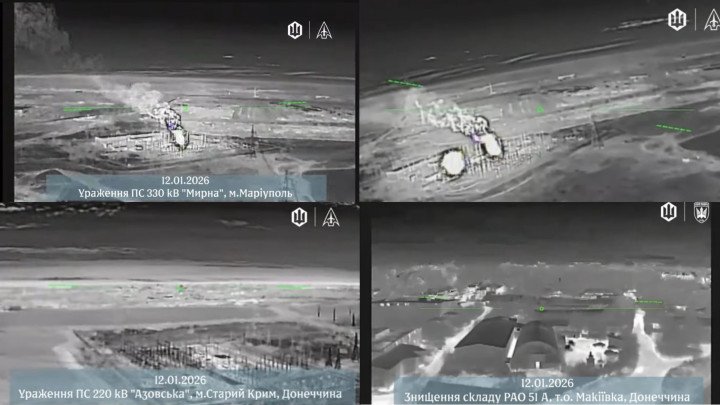 Drone Strikes on Russian Ammo Depot and Substations in Occupied Donetsk, Jan 12–13, 2026. (Photo: SBS) Drone Strikes on Russian Ammo Depot and Substations in Occupied Donetsk, Jan 12–13, 2026. (Photo: SBS)