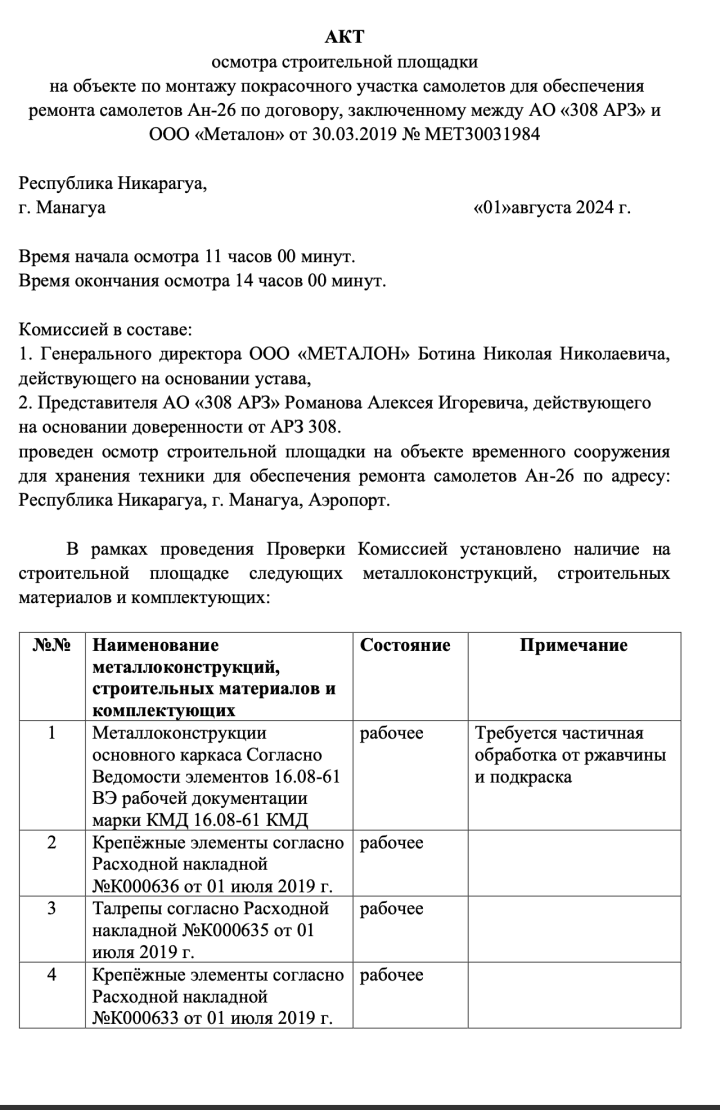 Inspection report on work carried out by Russian specialists.