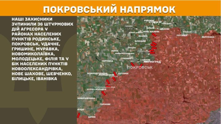 Mapa del eje de Pokrovsk, el más activo del frente, donde las fuerzas ucranianas repelieron 36 ataques en las áreas de Rodynske, Pokrovsk, Udachne, Hryshyne, Muravka, Novomykolaivka, Molodetske y Filiia, así como en dirección a Novooleksandrivka, Nove Shakhove, Shevchenko, Bilytske e Ivanivka. (Foto: Estado Mayor de las Fuerzas Armadas de Ucrania) mapa Pokrovsk Rodynske Udachne Hryshyne Muravka Novomykolaivka Molodetske Filiia 36 ataques abril 2026