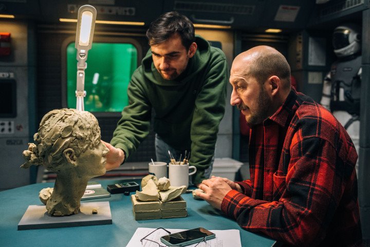 Volodymyr Kravchuk rehearses a scene on the set of U Are the Universe in 2021, playing a Ukrainian space trucker who becomes Earth’s last survivor. (Photo: ForeFilms)