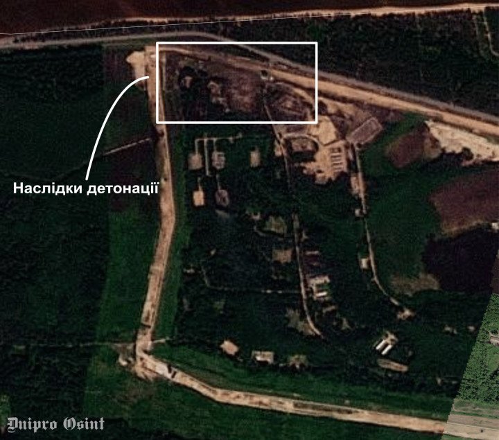 Satellite imagery shows damage and burn scars following explosions at a Russian Baltic Fleet ammunition arsenal in the Leningrad region. (Source: Dnipro OSINT)