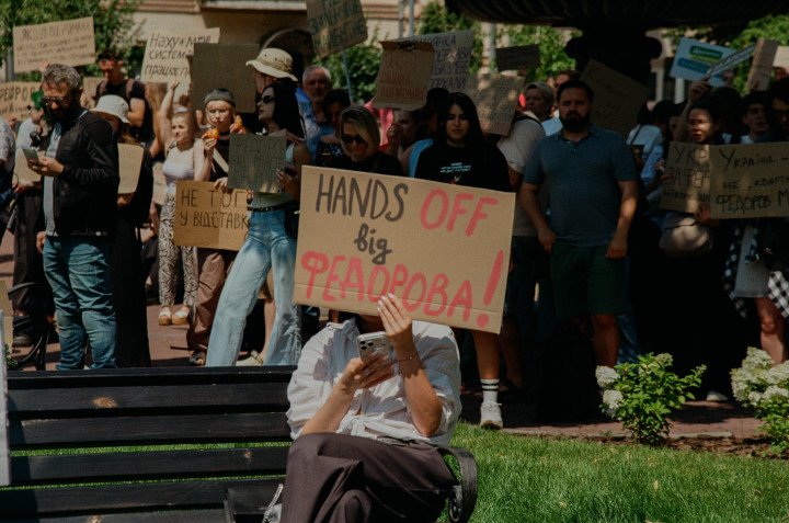 A protester holds a sign reading “Hands Off Fedorov” during a rally in Kyiv on July 16, 2026. (Source: Mariia Vakuliuk/UNITED24 Media) A protester holds a sign reading “Hands Off Fedorov” during a rally in Kyiv on July 16, 2026. (Source: Mariia Vakuliuk/UNITED24 Media)