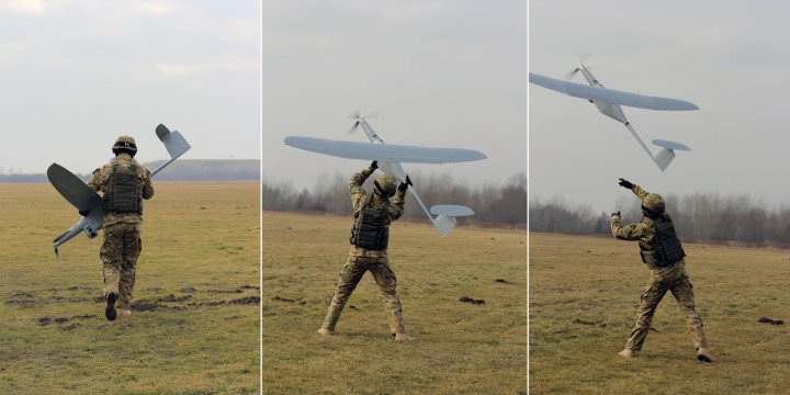 A Ukrainian soldier launches a Polish-made FlyEye reconnaissance drone during a field operation. (Source: WB Group)