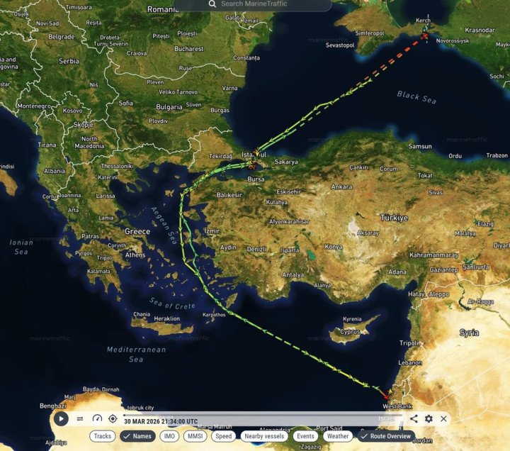 MarineTraffic map shows the route of bulk carrier PANORMITIS from the Black Sea near occupied Crimea through the Bosporus toward Israel’s Haifa port. (Source: MarineTraffic)