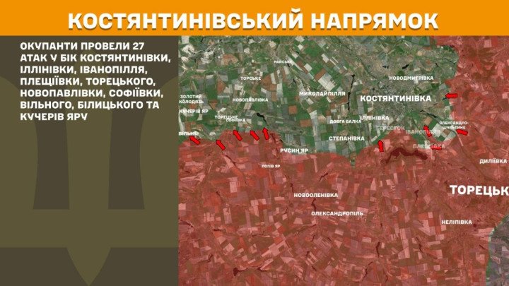 Mapa táctico del frente de Donetsk centrado en Kostiantynivka. Ilustra las posiciones defensivas ucranianas y las trayectorias de los 27 ataques rusos repelidos cerca de Kostiantynivka, Illinivka, Ivanopillia, Pleshchiivka, Toretsk, Novopavlivka, Sofiivka, Vilne, Bilytske y Kucheriv Yar.