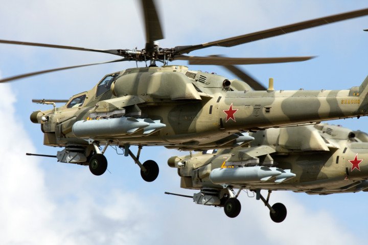 Two Russian Air Force Mil Mi-28 all-weather, day-night attack helicopters fly in formation during the MAKS airshow near Moscow, Russia. (Source: Getty Images) Two Russian Air Force Mil Mi-28 all-weather, day-night attack helicopters fly in formation during the MAKS airshow near Moscow, Russia. (Source: Getty Images)