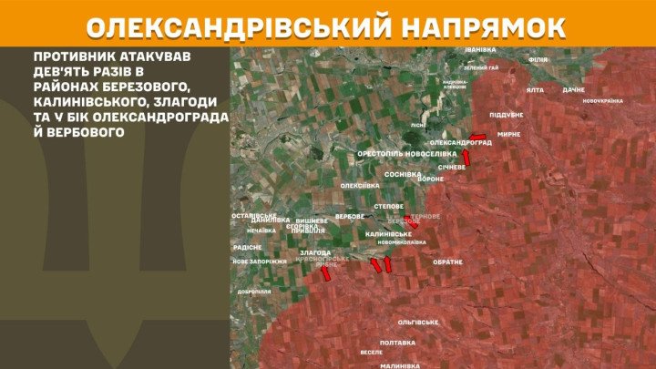 Mapa del frente en el eje Oleksandrivka, donde las fuerzas rusas atacaron nueve veces en las zonas de Berezove, Kalynivske y Zlahoda, así como en dirección a Oleksandrohrad y Verbove, sin lograr romper las defensas ucranianas. (Foto: Estado Mayor de Ucrania, 31 de marzo de 2026) mapa del frente en Oleksandrivka Ucrania mostrando ataques rusos continuos en Berezove, Kalynivske y dirección a Oleksandrohrad, líneas de contacto activas, posiciones defensivas ucranianas, combates en zonas rurales del este de Ucrania durante la invasión rusa