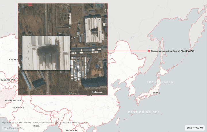Satellite image showing damage to Shop No. 46 at the Komsomolsk-on-Amur Aircraft Plant (KnAAZ), with visible roof collapse following the April 11 fire. (Source: Defence Blog) Satellite image showing damage to Shop No. 46 at the Komsomolsk-on-Amur Aircraft Plant (KnAAZ), with visible roof collapse following the April 11 fire. (Source: Defence Blog)