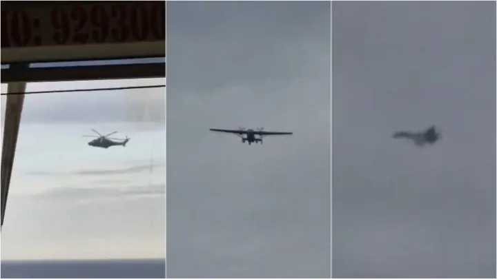 An Estonian AgustaWestland AW139 helicopter, M28 Skytruck aircraft, and a Russian Su-35 fighter jet were observed over the JAGUAR ship on May 14, 2025, in the Gulf of Finland. (Source: Russian media) An Estonian AgustaWestland AW139 helicopter, M28 Skytruck aircraft, and a Russian Su-35 fighter jet were observed over the JAGUAR ship on May 14, 2025, in the Gulf of Finland. (Source: Russian media)
