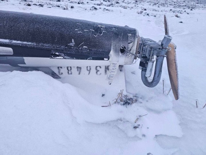 A close-up of the propeller and serial markings on the tail section of the Russian Gerbera drone found in northern Moldova. Authorities confirmed the UAV was not carrying explosives. (Photo: Poliția Republicii Moldova)