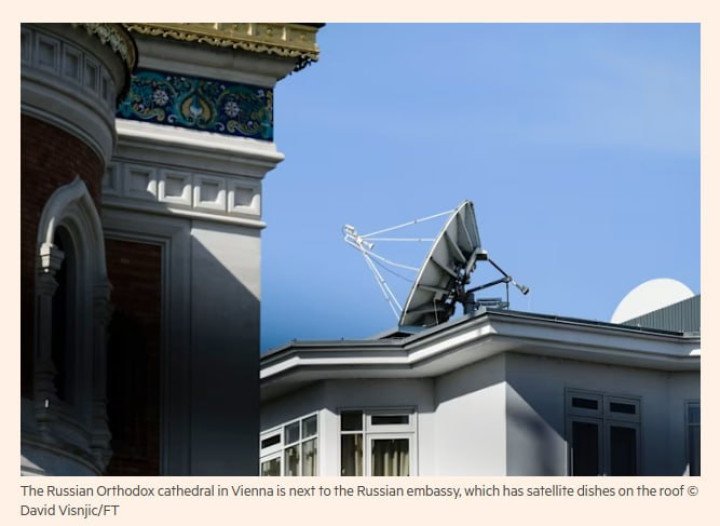 Satellite dish mounted on the roof of a Russian diplomatic building in Vienna. (Source: FT)
