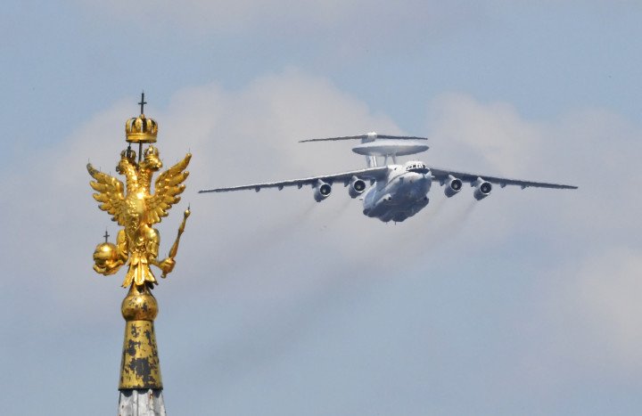 A Russian Beriev A-50 airborne early warning aircraft flies over Moscow during the Victory Day military parade, June 24, 2020. (Source: Getty Images)