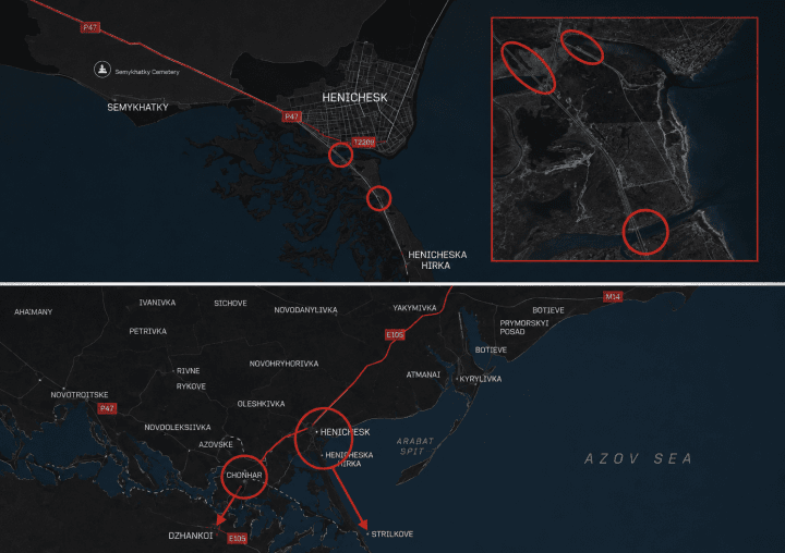 Map showing key road links between occupied Kherson region and Crimea, including the Chonhar crossing and the Henichesk–Arabat Spit route, both affected by recent Ukrainian strikes. (Source: Open-source maps, adapted by UNITED24 Media)