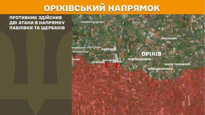 Mapa táctico de Orikhiv detallando ataques fallidos hacia Pavlivka y Shcherbaky en la región de Zaporizhzhia