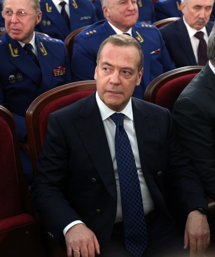 Former Russian President, Deputy Chairman of the Securuty Council Dmitry Medvedev (C) looks on during the Board of the Prosecutor-General Main Office, March 19, 2025, in Moscow, Russia. Putin visited an annual meeting with prosecutors. (Photo by Contributor/Getty Images) Former Russian President, Deputy Chairman of the Securuty Council Dmitry Medvedev (C) looks on during the Board of the Prosecutor-General Main Office, March 19, 2025, in Moscow, Russia. Putin visited an annual meeting with prosecutors. (Photo by Contributor/Getty Images)