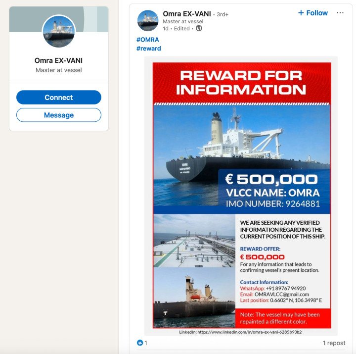 LinkedIn profile “Omra EX-VANI” displaying a post with a €500,000 reward notice seeking information on the VLCC tanker OMRA (IMO 9264881), including photos of the vessel and contact details for tips. (Source: The Insider)