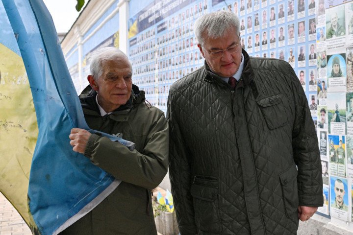 High Representative of the European Union for Foreign Affairs and Security Policy Josep Borrell (L) and Ukraine’s Foreign Minister Andrii Sybiha walk along the Memory Wall of Fallen Defenders of Ukraine after a flower laying ceremony outside Saint Michael’s Cathedral in Kyiv on November 9, 2024. (Getty Images) High Representative of the European Union for Foreign Affairs and Security Policy Josep Borrell (L) and Ukraine’s Foreign Minister Andrii Sybiha walk along the Memory Wall of Fallen Defenders of Ukraine after a flower laying ceremony outside Saint Michael’s Cathedral in Kyiv on November 9, 2024. (Getty Images)