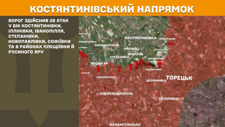 Mapa del frente de guerra en Ucrania en el sector de Kostiantynivka el 13 de marzo de 2026 mostrando múltiples ataques rusos cerca de Toretsk y el eje de Donetsk.