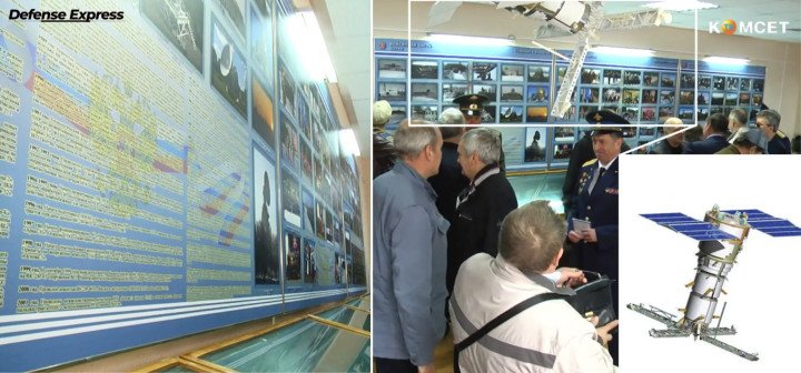 Museum display at Russia's secret Meshcherino-1 GRU facility featuring exhibits related to Soviet and Russian military reconnaissance satellite programs. (Source: Defense Express)