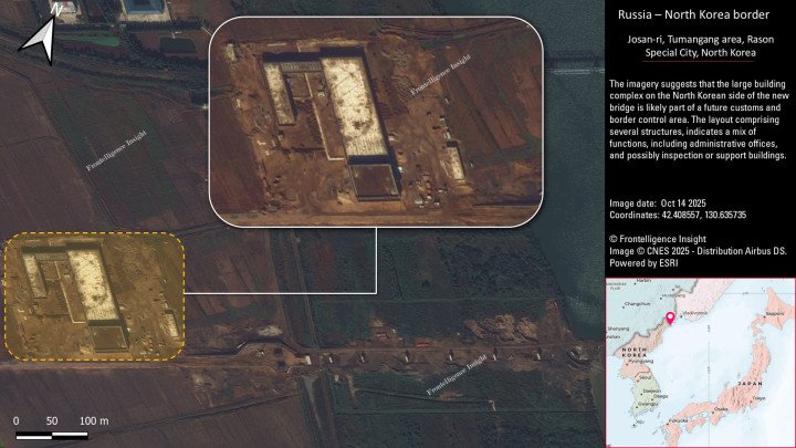 Vista aérea de un gran complejo de varios edificios cerca del puente en territorio norcoreano, probablemente destinado a ser una futura zona de aduanas e inspección. (Fuente: Frontelligence Insight)