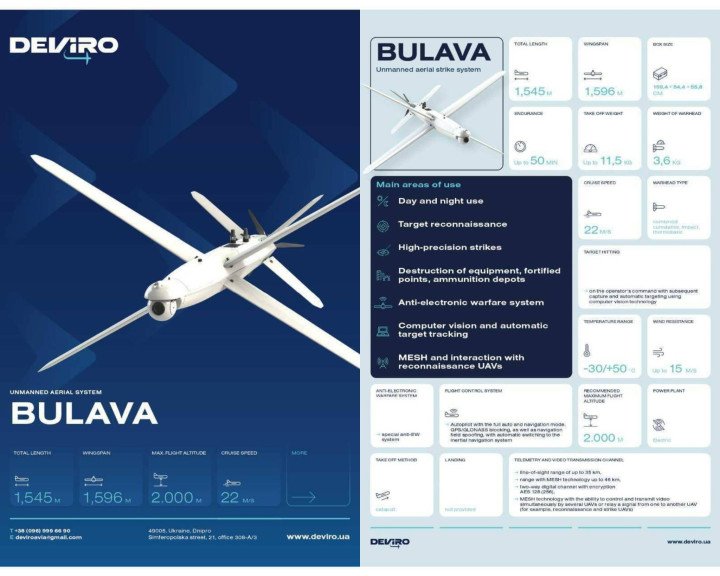 Technical data on the Ukrainian “Bulava” drone. (Source: DeViRo) Technical data on the Ukrainian “Bulava” drone. (Source: DeViRo)