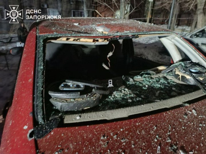 A damaged car with shattered windows following a drone attack on Zaporizhzhia. (Source: State Emergency Service of Ukraine)