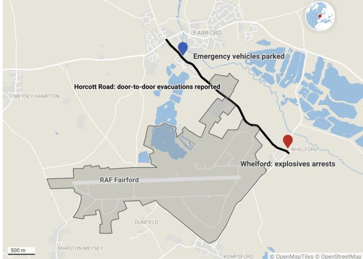 Map showing the location of the explosives-related arrests and evacuations near RAF Fairford in the UK. (Source: OSINTtechnical)
