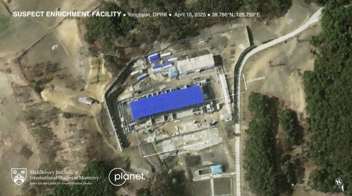 Imagen satelital muestra una supuesta nueva instalación nuclear en construcción en Yongbyon, Corea del Norte, el 10 de abril de 2025. (Fuente: Planet Labs / Middlebury Institute / Kyodo)