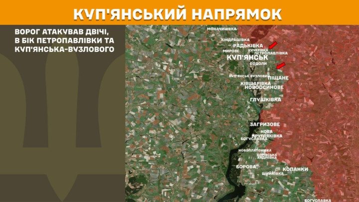 Mapa táctico del eje de Kupiansk mostrando la ubicación de los dos asaltos rusos detenidos.