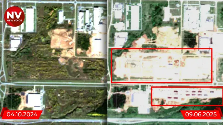 Satellite imagery from October 4, 2024 (left) and June 9, 2025 (right) of the Alabuga Special Economic Zone near Yelabuga, Tatarstan, with red outlines highlighting two new zones: one for expanded Geran-2 drone production and another for uniform dormitory blocks reportedly housing non-local workers. (Source: NV.ua) Satellite imagery from October 4, 2024 (left) and June 9, 2025 (right) of the Alabuga Special Economic Zone near Yelabuga, Tatarstan, with red outlines highlighting two new zones: one for expanded Geran-2 drone production and another for uniform dormitory blocks reportedly housing non-local workers. (Source: NV.ua)